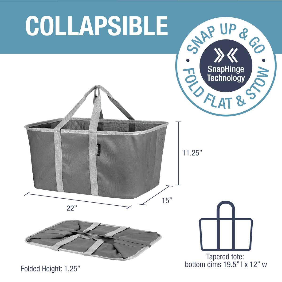 clevermade snapbasket laundrycaddy pop-up hamper: collapsible laundry basket /tote bag, black/charcoal 
